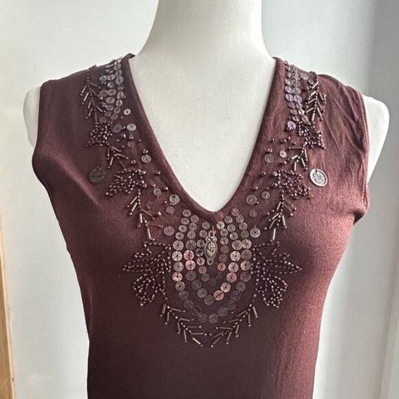 MARIE CLAIRE Chocolate Brown Embellished Sleeveless Ombré Top – US S - Picture 2 of 7